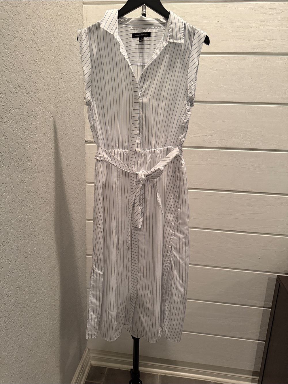 Banana Republic White Shirt Midi Dress with Navy Pinstripes